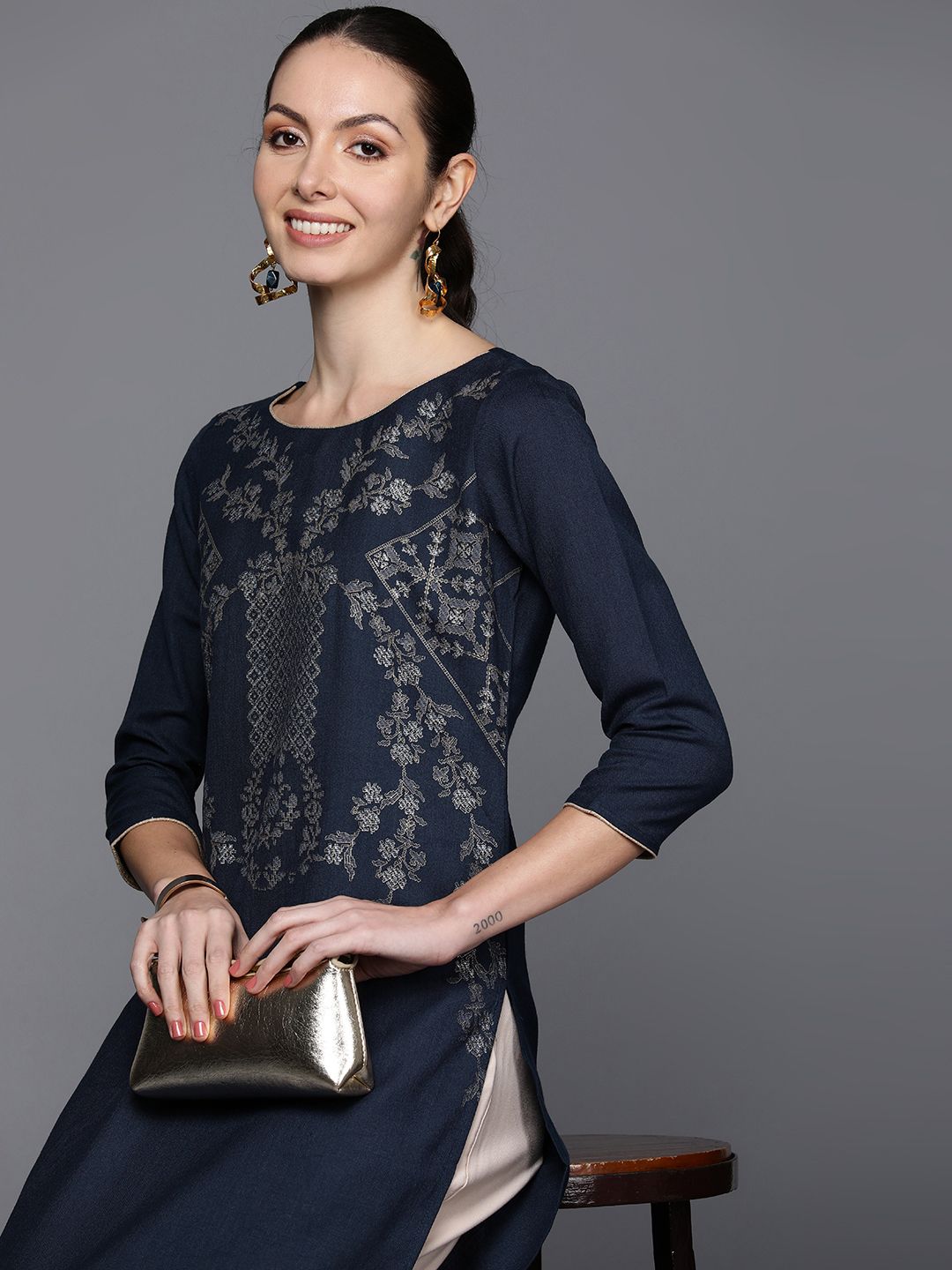 Indyancart IE Geometric Foil Printed Kurta