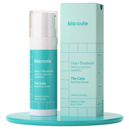 Biocule The Calm soothing face serum for sensitive skin, with a dropper applicator and clear liquid in a glass bottle