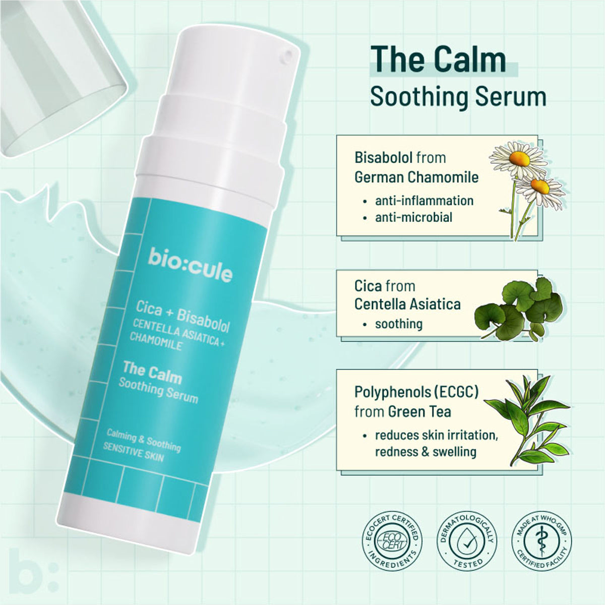 Biocule The Calm soothing face serum for sensitive skin, clear bottle with dropper, on white background.