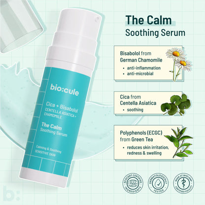 Biocule The Calm soothing face serum for sensitive skin, clear bottle with dropper, on white background.