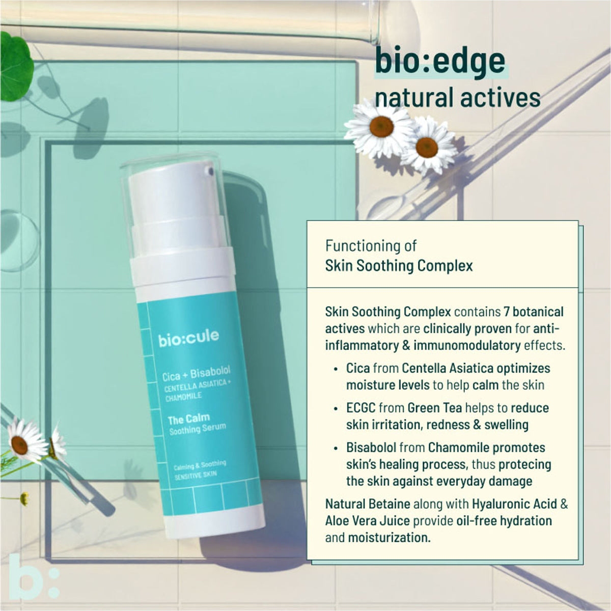 Biocule The Calm soothing face serum for sensitive skin, with a dropper bottle and clear liquid inside.