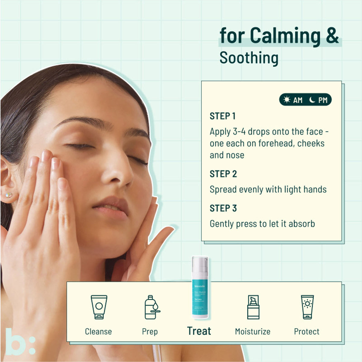 Biocule The Calm soothing face serum for sensitive skin, with a clear glass bottle and dropper applicator.