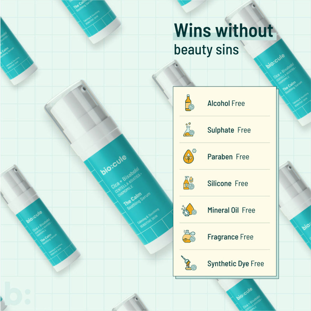 Biocule The Calm soothing face serum for sensitive skin, clear bottle with dropper and gentle formula in a skincare container.