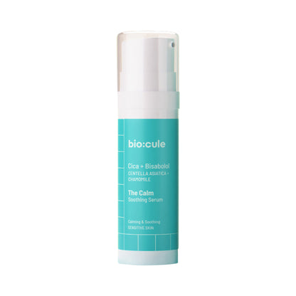 Biocule The Calm soothing face serum for sensitive skin, showing the clear, lightweight serum in a sleek bottle.