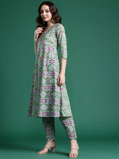 Indyancart IE Floral Printed Regular Pure Cotton Kurta with Trousers & Dupatta
