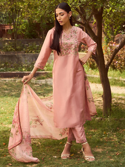 Indyancart IE V Neck Floral Embroidered Thread Work Kurta with Trouser & Dupatta