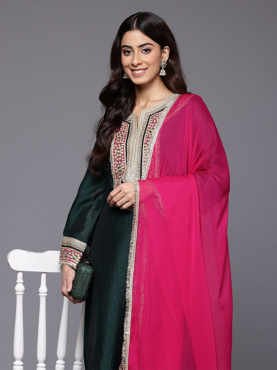 Indyancart VA Women's Yoke Design Gotta Patti Kurta with Trousers & Dupatta