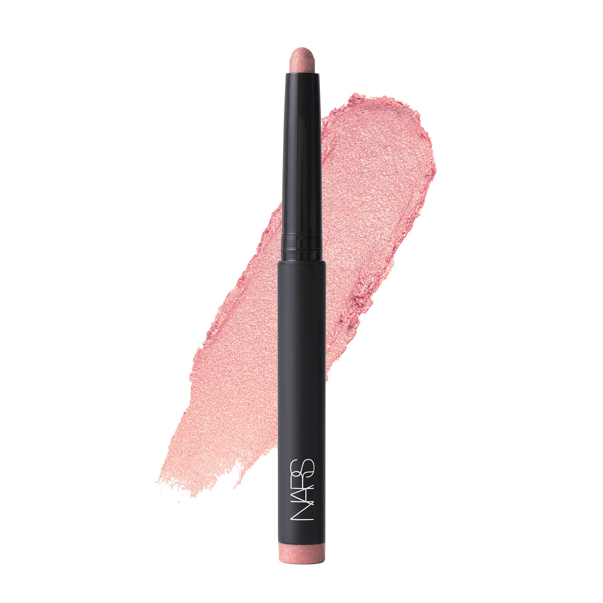 NARS Total Seduction Eyeshadow Stick in Orgasm with shimmery peach and gold tones, shown in open sleek packaging.