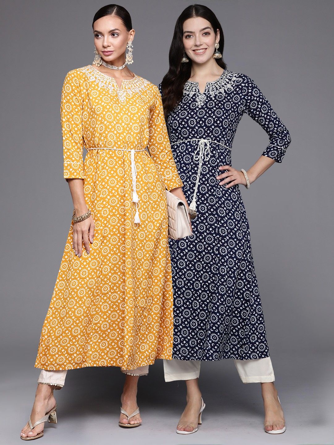Indyancart IE Pack Of 2 Floral Printed Notch Neck A-Line Kurta