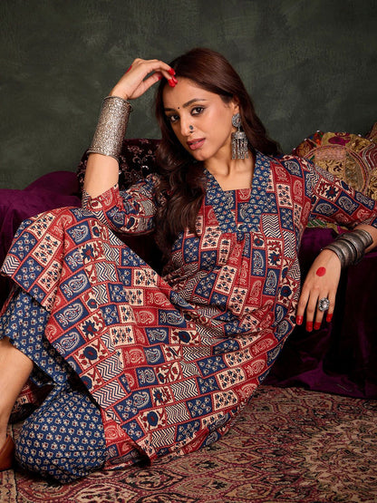 Indyancart IE Ethnic Motifs Printed Pure Cotton Kurta With Trousers