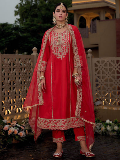 Indyancart IE Ethnic Motifs Embroidered Panelled Kurta With Trousers & Dupatta