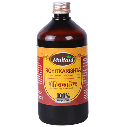 Multani Rohitkarishta Ayurvedic syrup in a glass bottle, traditional herbal remedy for digestive health.