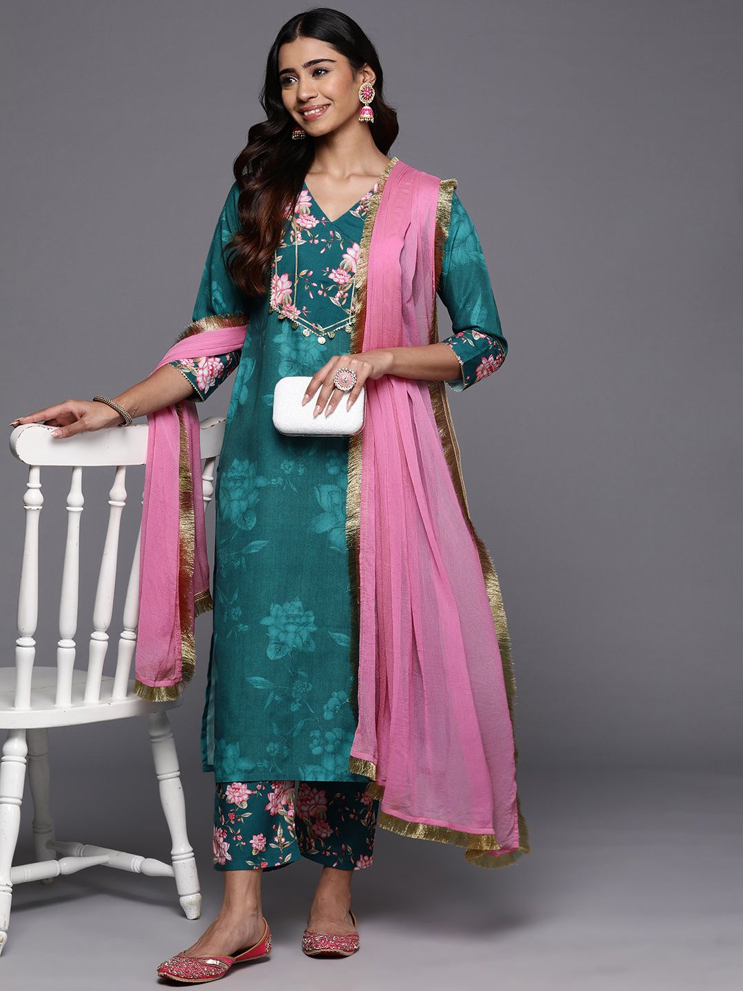 Indyancart VA Women'sFloral Printed Regular Kurta with Trousers & Dupatta