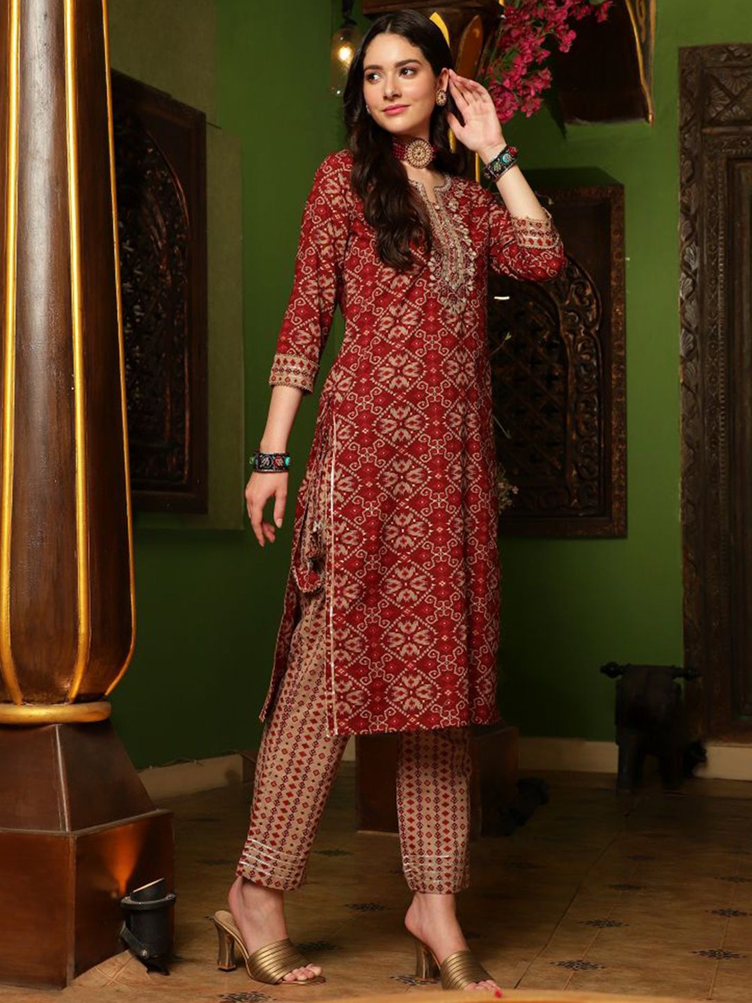 Indyancart SN Women's Printed Gotta Patti Pure Cotton Straight Kurta With Trouser & Dupatta