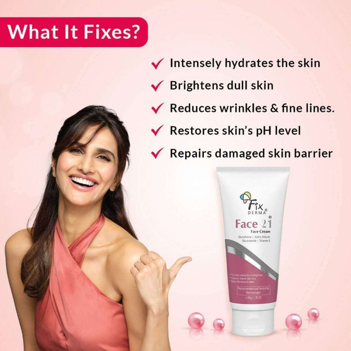 Fixderma 2% Niacinamide Face 21 Cream with Alpha Arbutin, an anti-aging cream for women with a smooth, creamy texture.