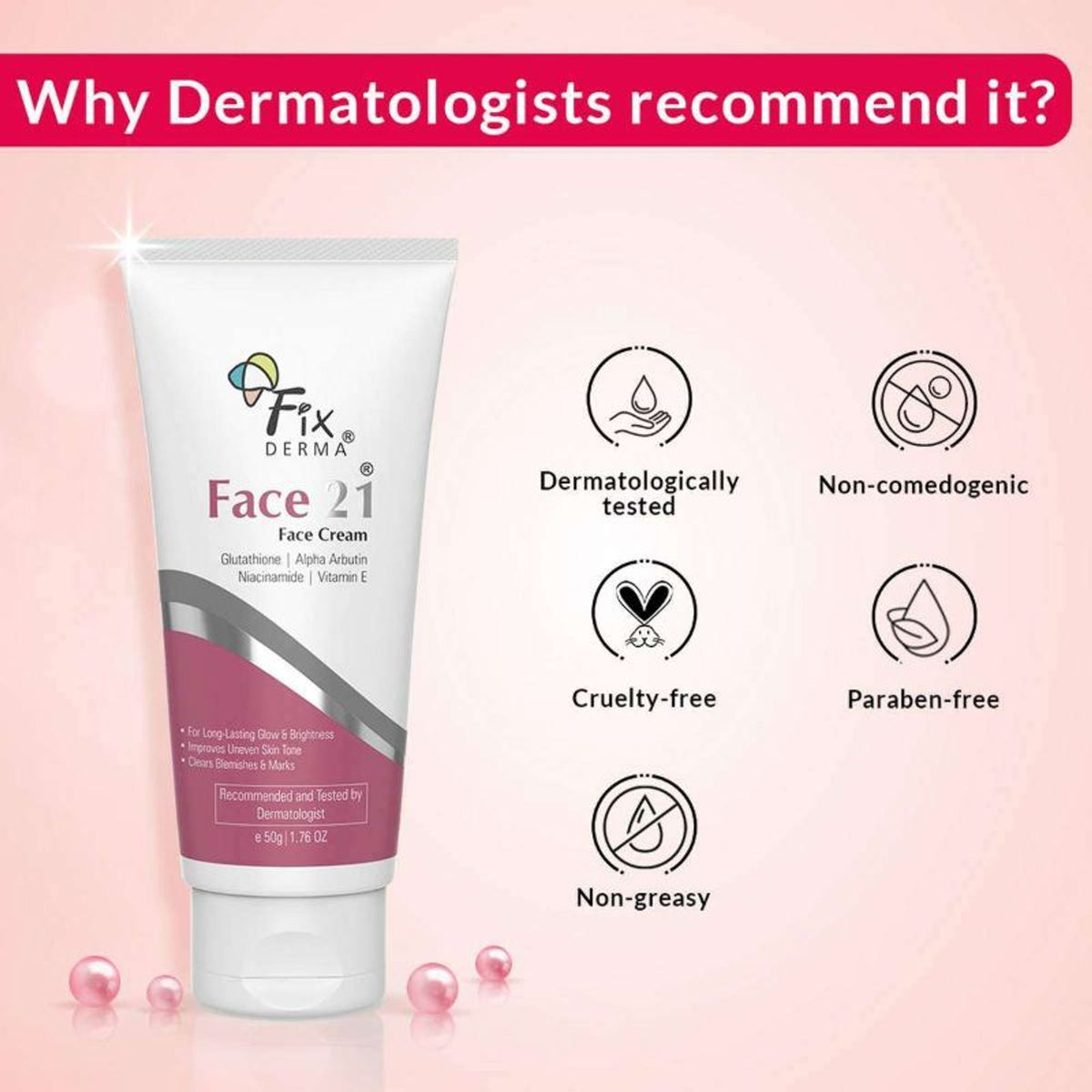 Fixderma 2% Niacinamide Face Cream with Alpha Arbutin, anti-aging moisturizer for women, showing a tube of the skincare product.