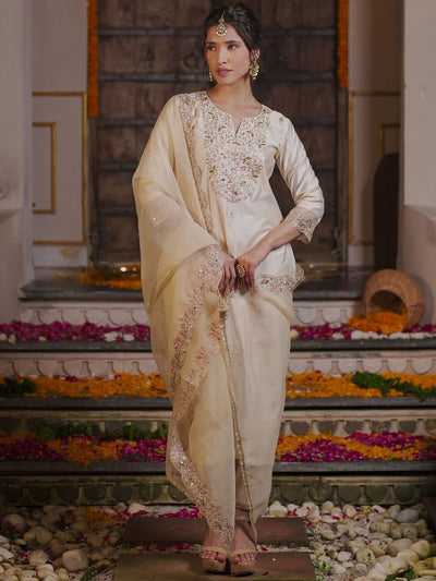 Indyancart IE Floral Embroidered Liva Kurta with Trousers & Dupatta