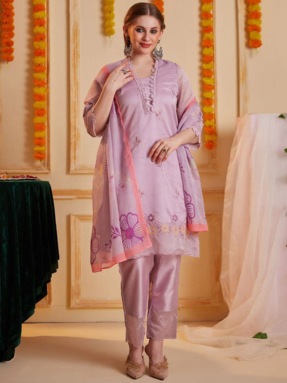 Indyancart SN Women's Floral Embroidered Notch Neck Thread Work Straight Kurta With Trouser & Dupatta