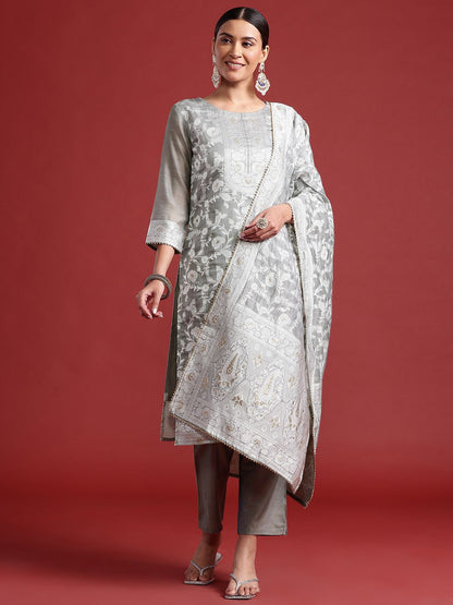 Dhiyona IE Floral Jacquard Chanderi Cotton Kurta With Trousers & Dupatta