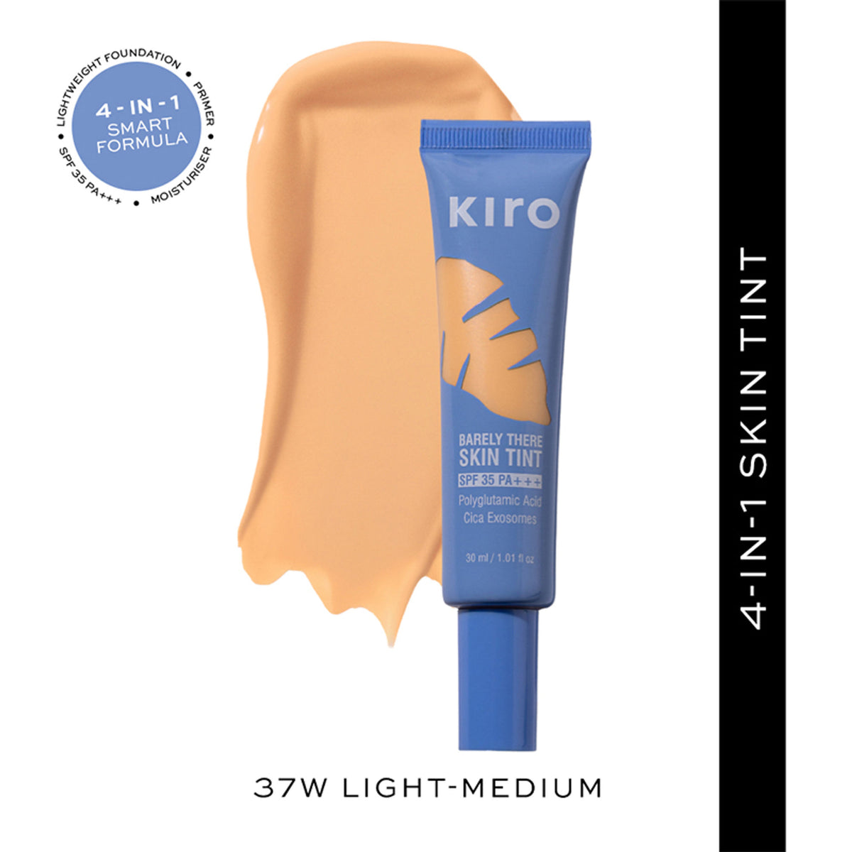 KIRO Barely There Skin Tint in 37W Light Medium, lightweight liquid foundation with a natural finish, shown in a sleek bottle.