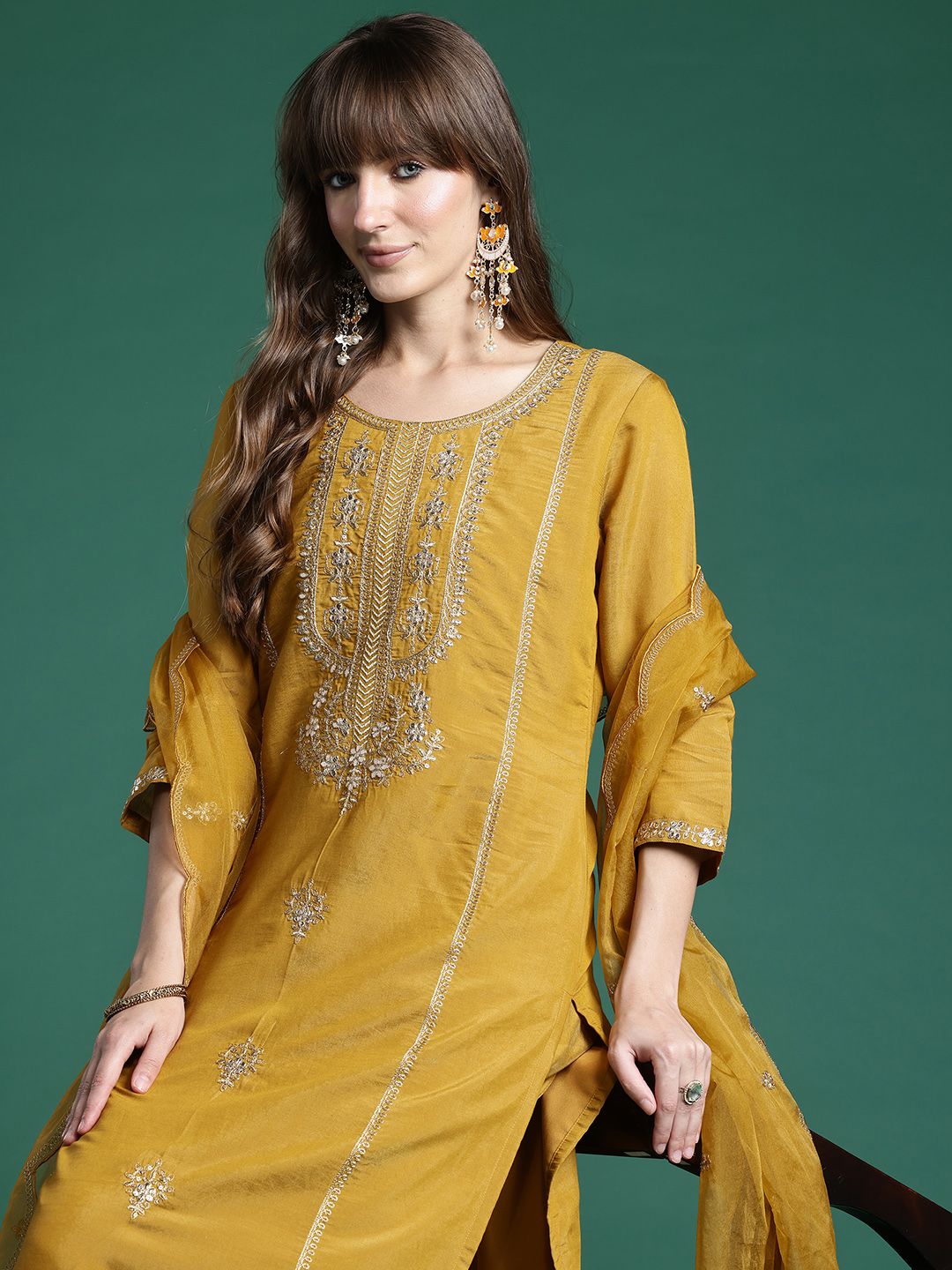 Ethnic Motifs Embroidered Regular Gotta Patti Kurta with Trousers & Dupatta