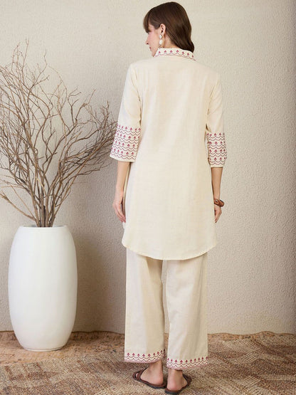 Indyancart IE Embroidered A-Line Shirt Collar Neck Top With Trousers Co-Ords