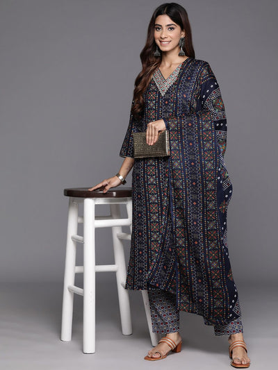 Indyancart VA Women's Ethnic Motifs Printed Regular Thread Work Kurta with Trousers & With Dupatta