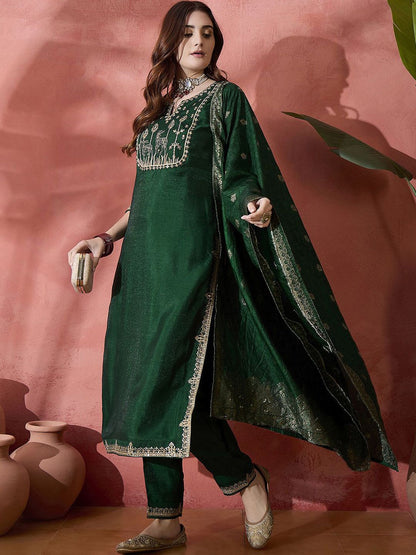 Dhiyona SN Women's Floral Embroidered Straight Kurta With Trouser And Dupatta