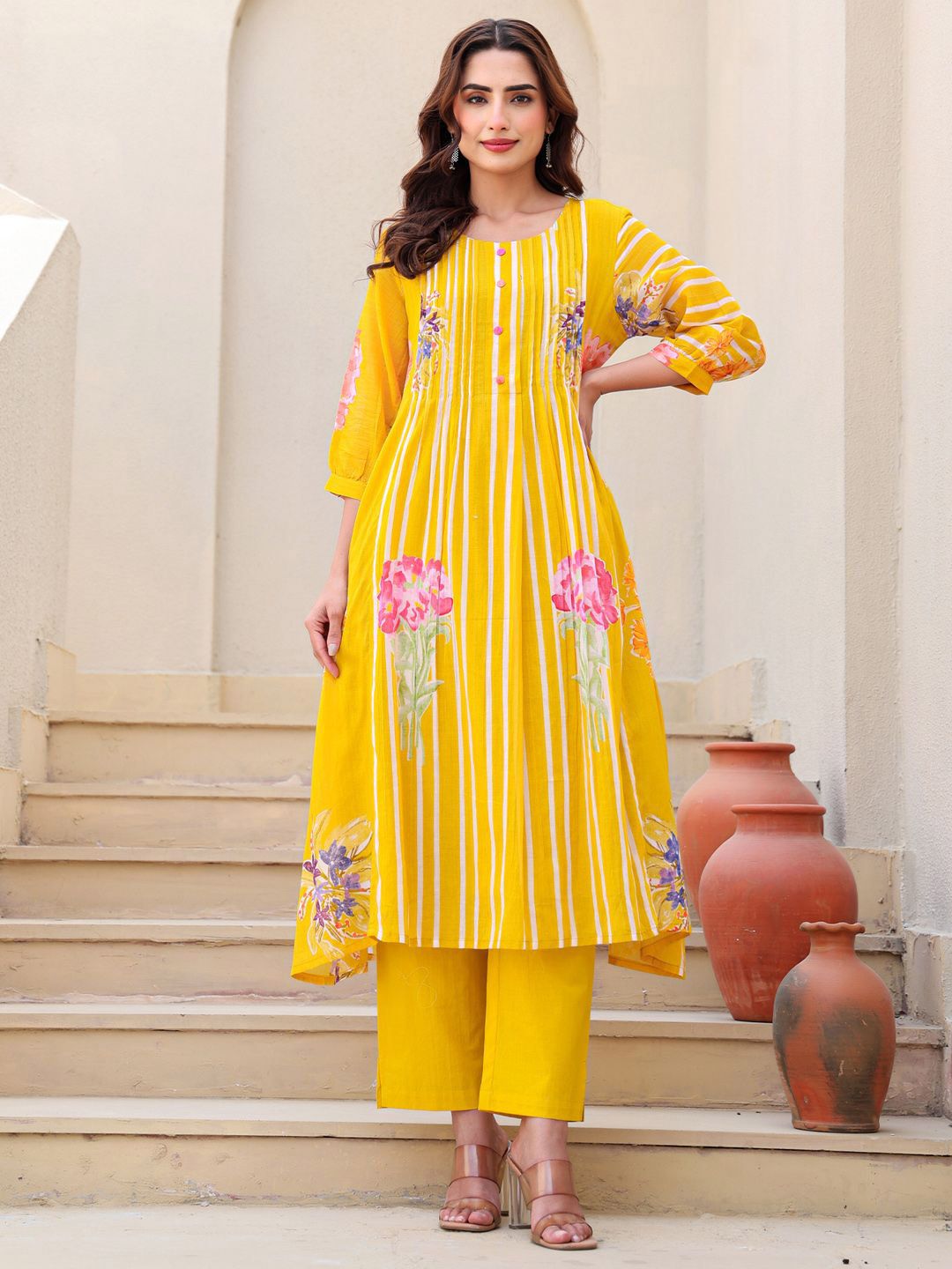 Dhiyona IE Floral Printed Pure Cotton Tunic With Trousers Co-Ords
