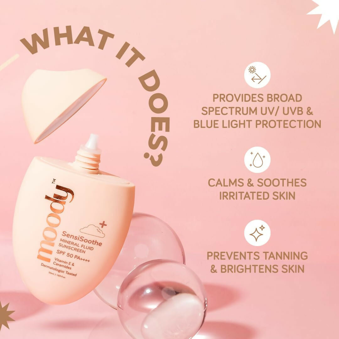 Moody SensiSoothe mineral brightening sunscreen serum with ceramides and rice, featuring a pump dispenser and light texture.