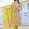 Dhiyona VA Women'sYellow Printed Mirror Work Pure Cotton Straight Kurta With Trousers & Dupatta