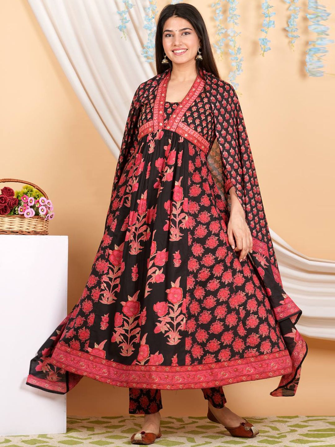 Indyancart VA Women'sFloral Printed Empire Mirror Work Pure Cotton Kurta with Trousers & With Dupatta