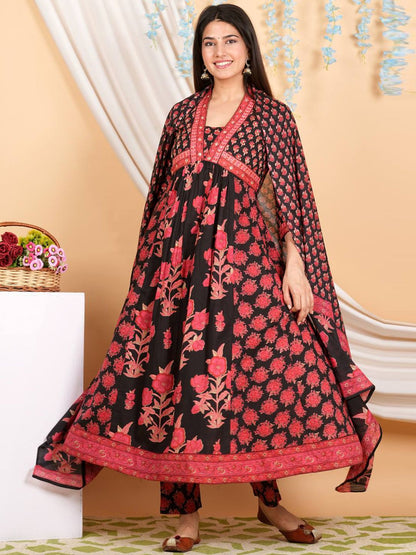 Indyancart VA Women'sFloral Printed Empire Mirror Work Pure Cotton Kurta with Trousers & With Dupatta
