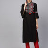 Dhiyona IE Women Black & Red Geometric Yoke Design Bell Sleeves Pure Cotton Kurta