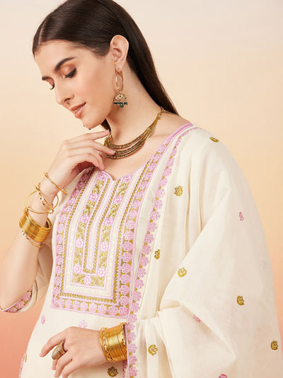 Indyancart SN Women's Floral Embroidered Pure Cotton Straight Kurta With Palazzo & Dupatta