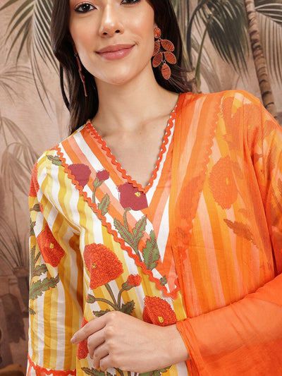 Indyancart SN Women's Floral Striped Pure Cotton Kurta with Palazzos & Dupatta