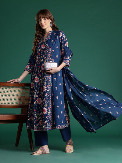 Indyancart IE Floral Printed Angrakha Pure Cotton Kurta with Trousers & Dupatta