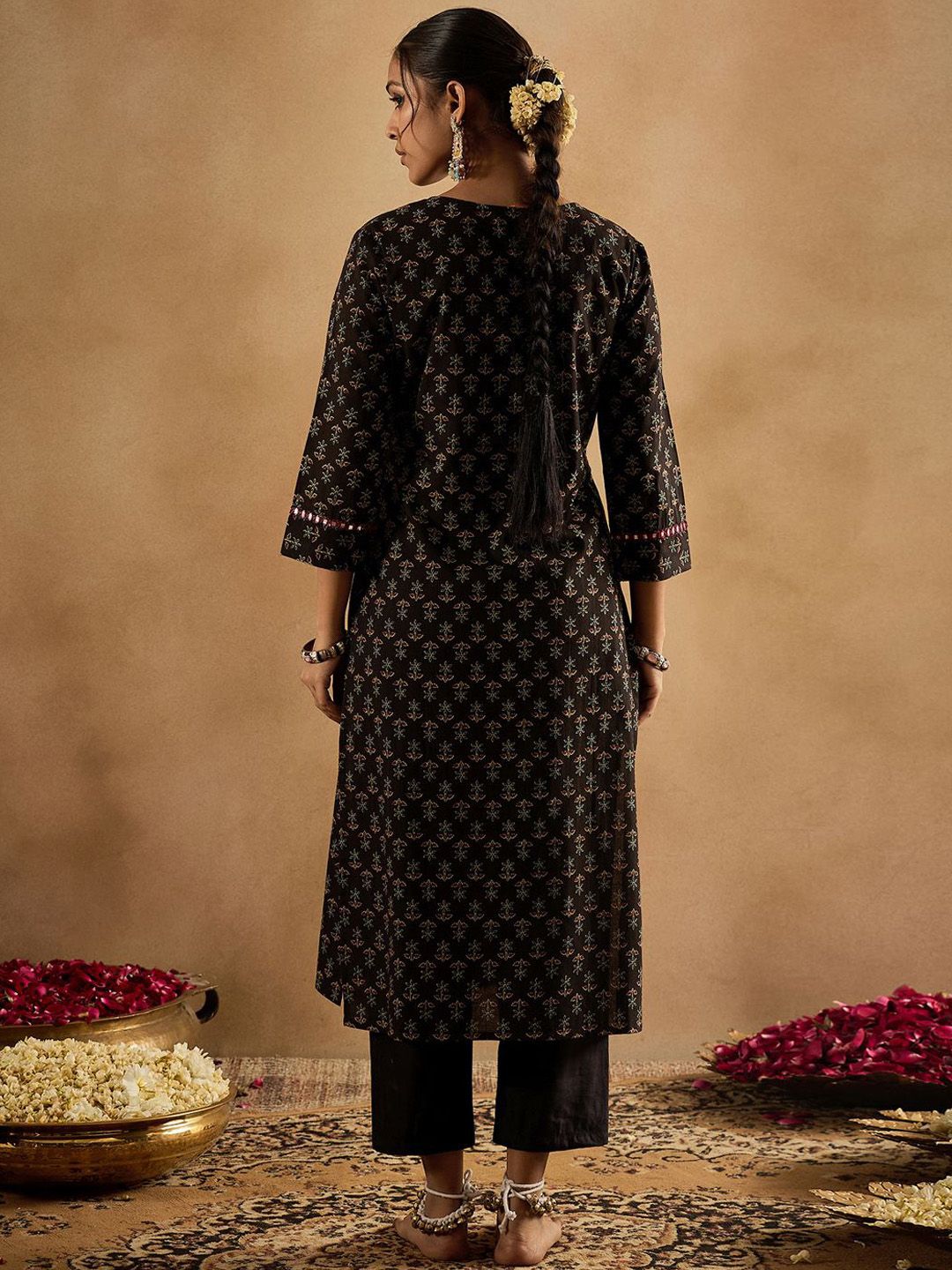 Indyancart IE Floral Printed Notch Neck Mirror Work Pure Cotton Straight Kurta