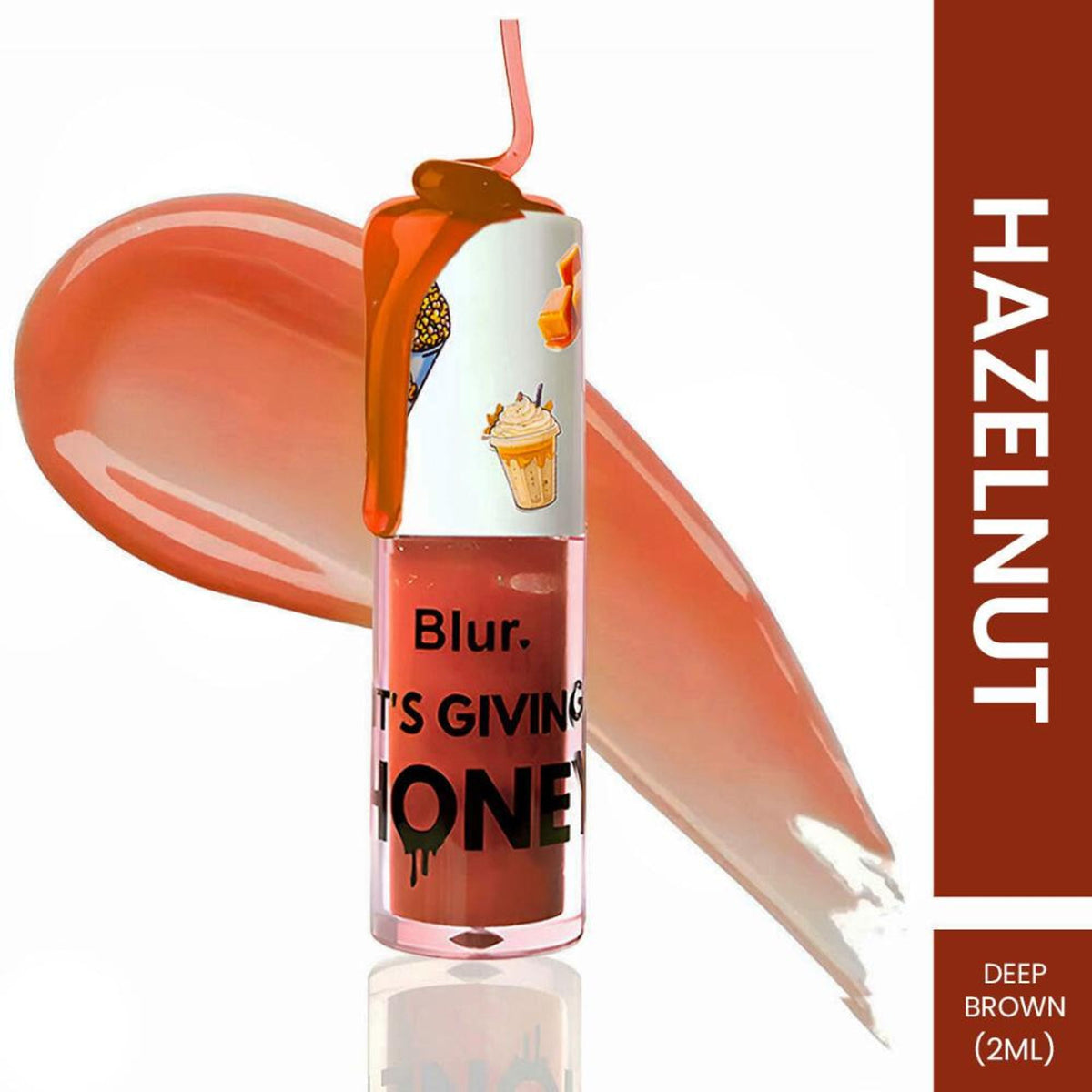 BLUR India's It's Giving Honey Lip Oil with Hazelnut, showing the lip oil bottle and natural hazelnut accents.