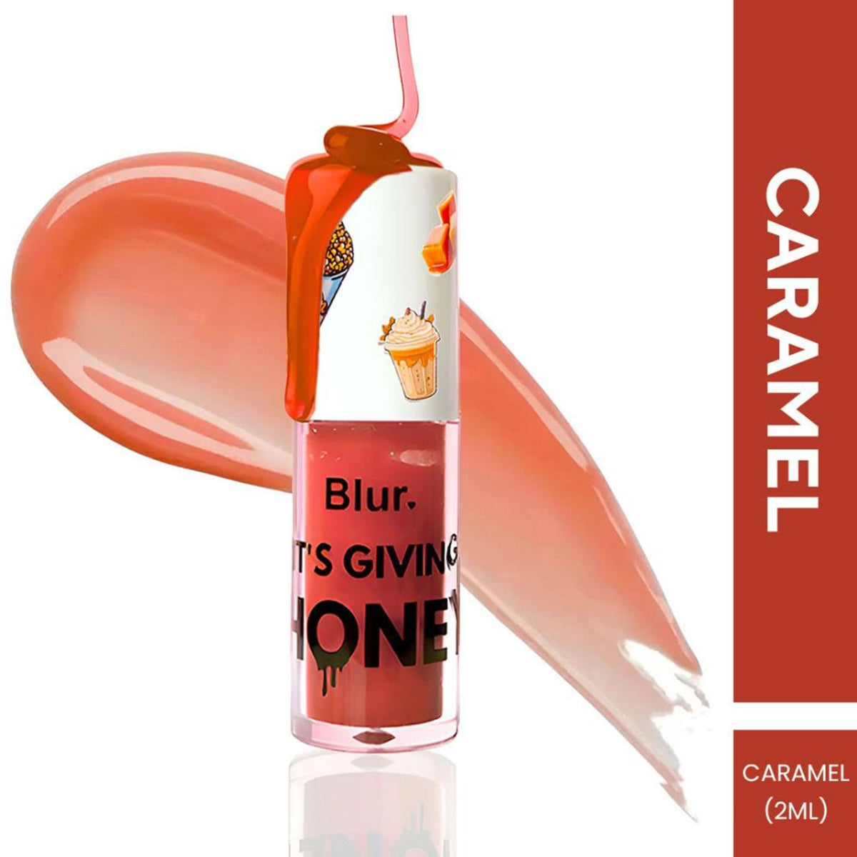 BLUR India It's Giving Honey Lip Oil in caramel shade, featuring a sleek tube and applicator, designed for nourishing lip care.