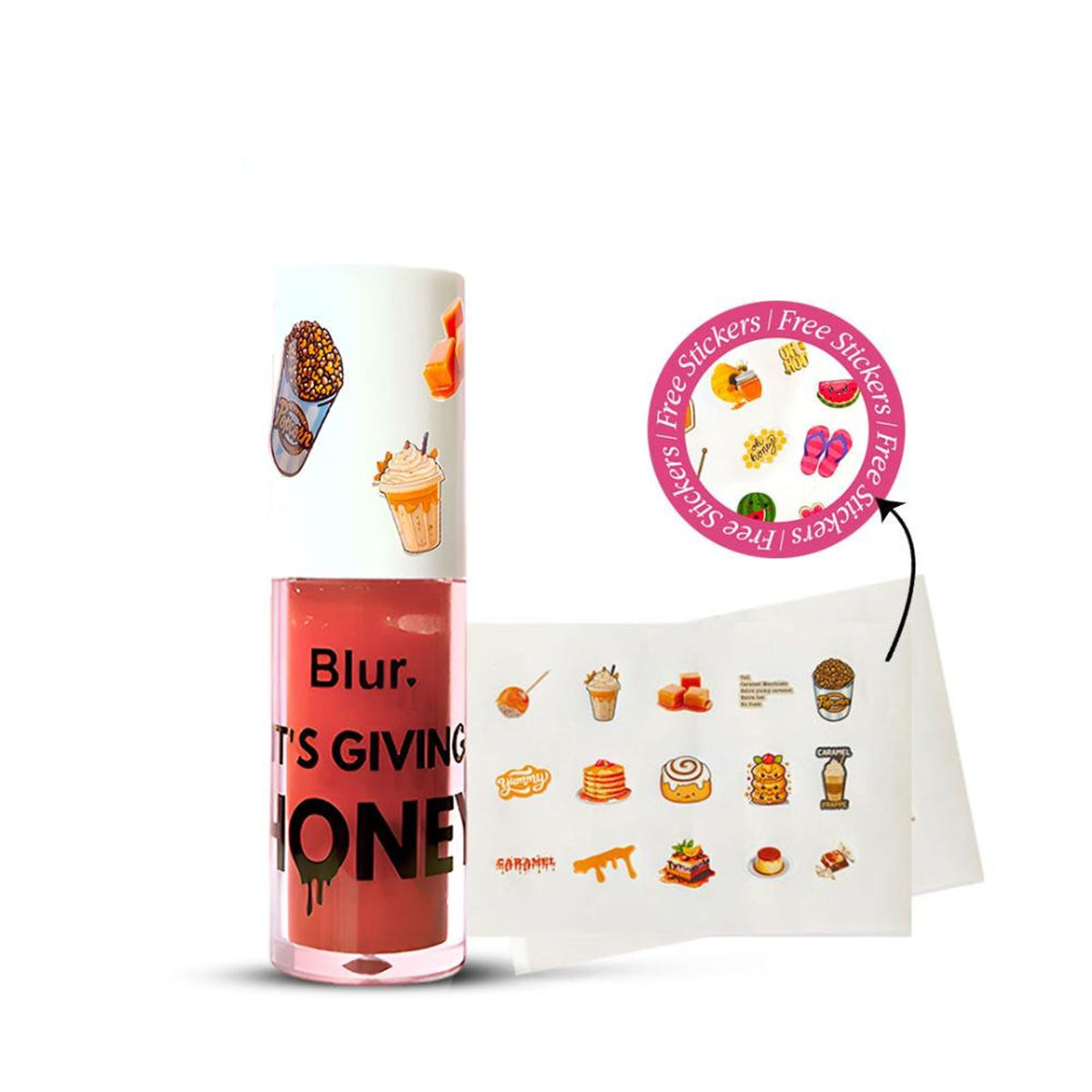 BLUR It's Giving Honey Lip Oil in Caramel shade, featuring a sleek tube with a honey-inspired label and glossy lip finish.