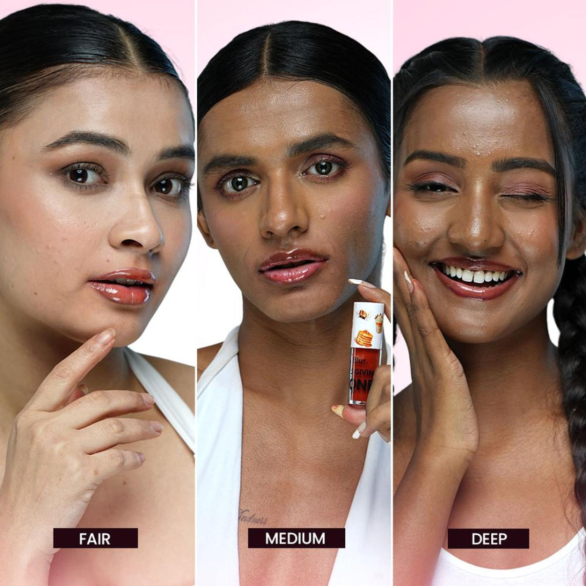 BLUR India It's Giving Honey Lip Oil in caramel flavor, featuring a sleek bottle with a glossy finish and a transparent cap.
