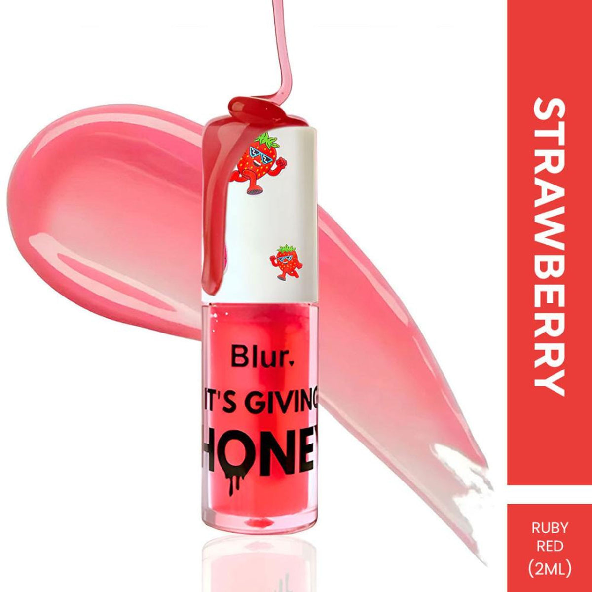 BLUR It's Giving Honey Lip Oil in strawberry flavor, featuring a sleek packaging and glossy lip finish.