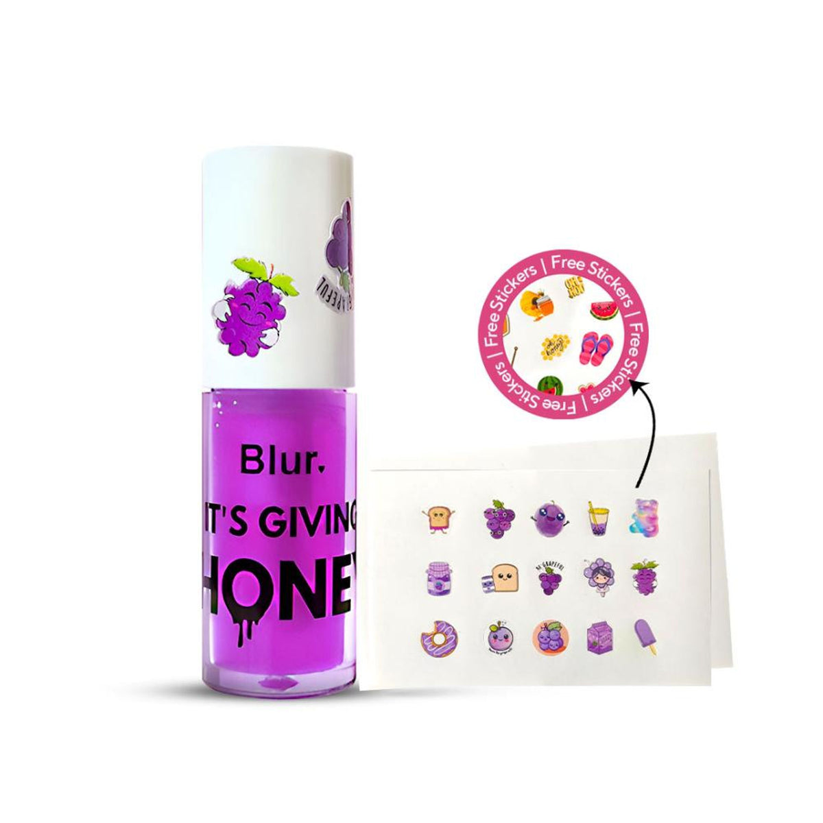 BLUR India's It's Giving Honey Lip Oil in Grape flavor, showing glossy lip oil application on lips with grape extract ingredients.