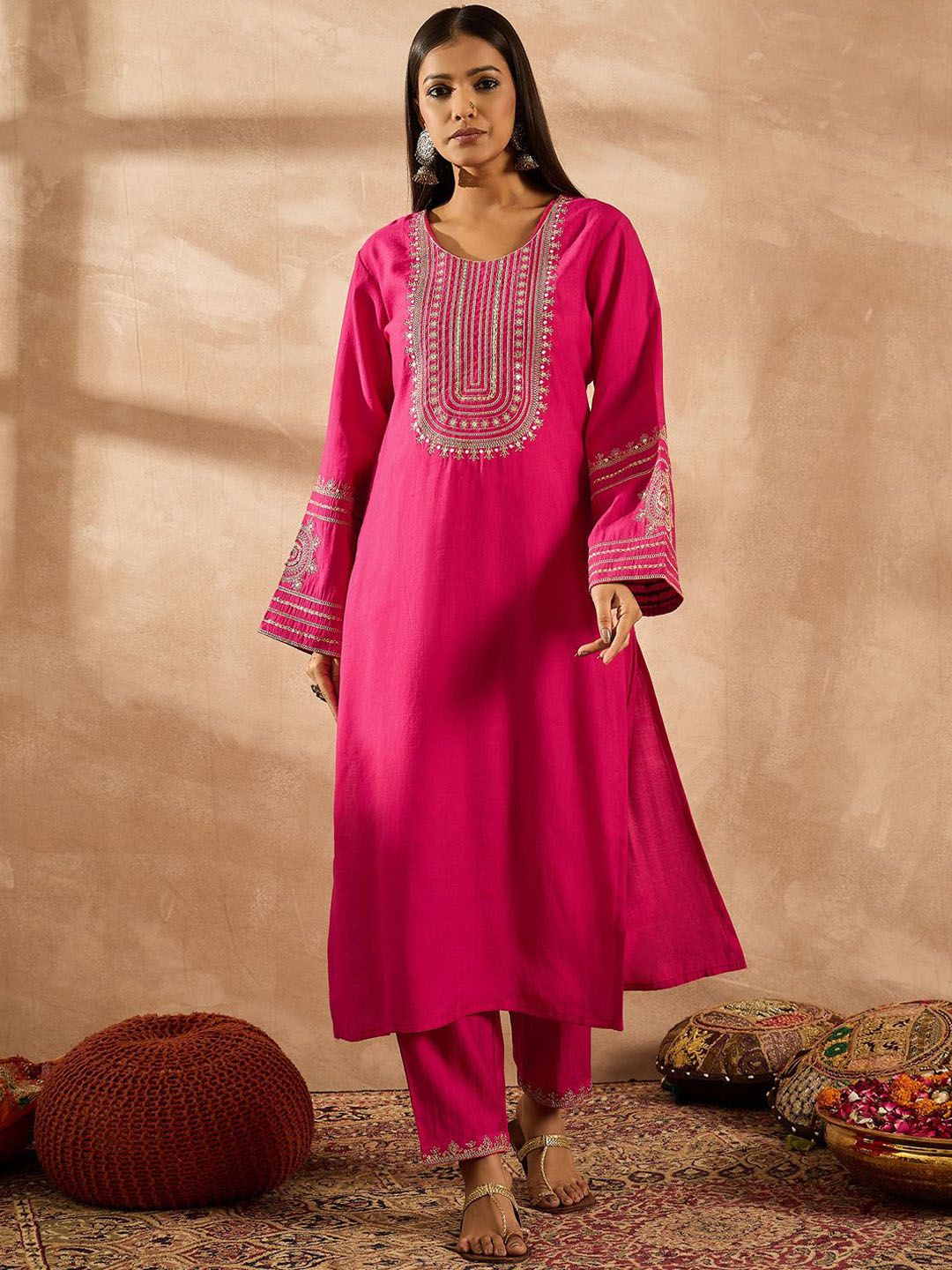 Indyancart IE Women Ethnic Motifs Embroidered Regular Sequinned Kurta with Trousers