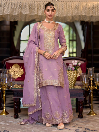 Dhiyona IE Ethnic Motifs Embroidered Sequinned Straight Kurta Palazzos With Dupatta