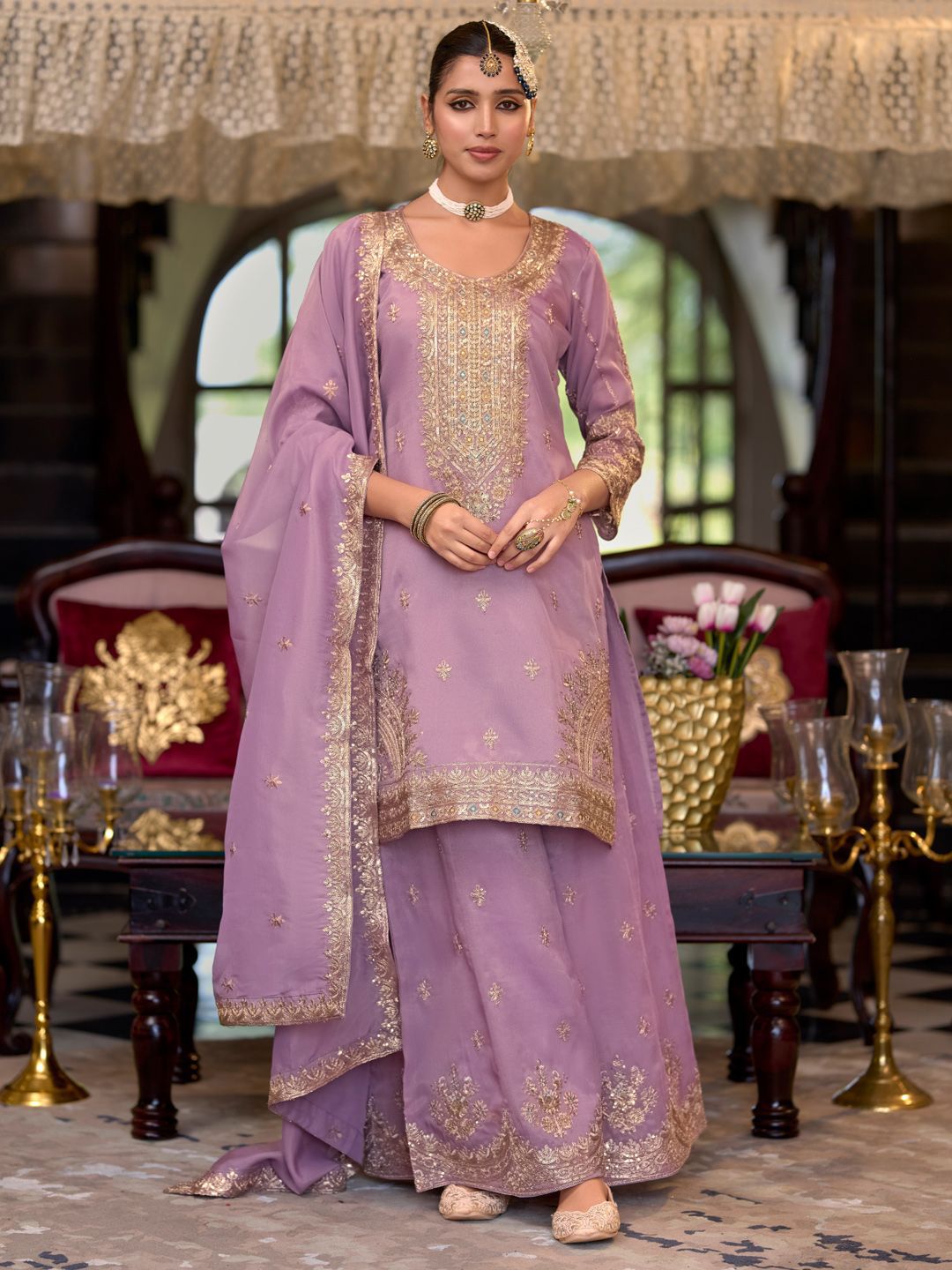 Indyancart IE Ethnic Motifs Embroidered Sequinned Straight Kurta Palazzos With Dupatta