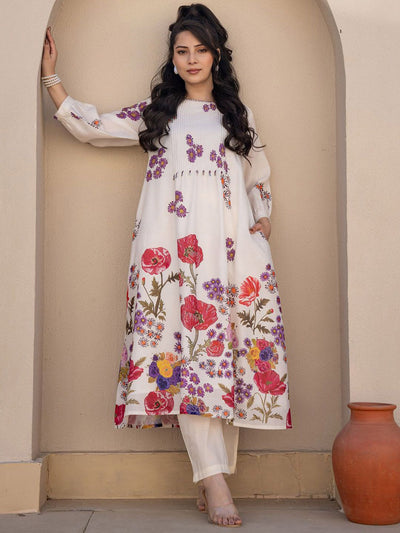 Indyancart IE Floral Printed A-Line Sequinned Pure Cotton Kurta With Trousers