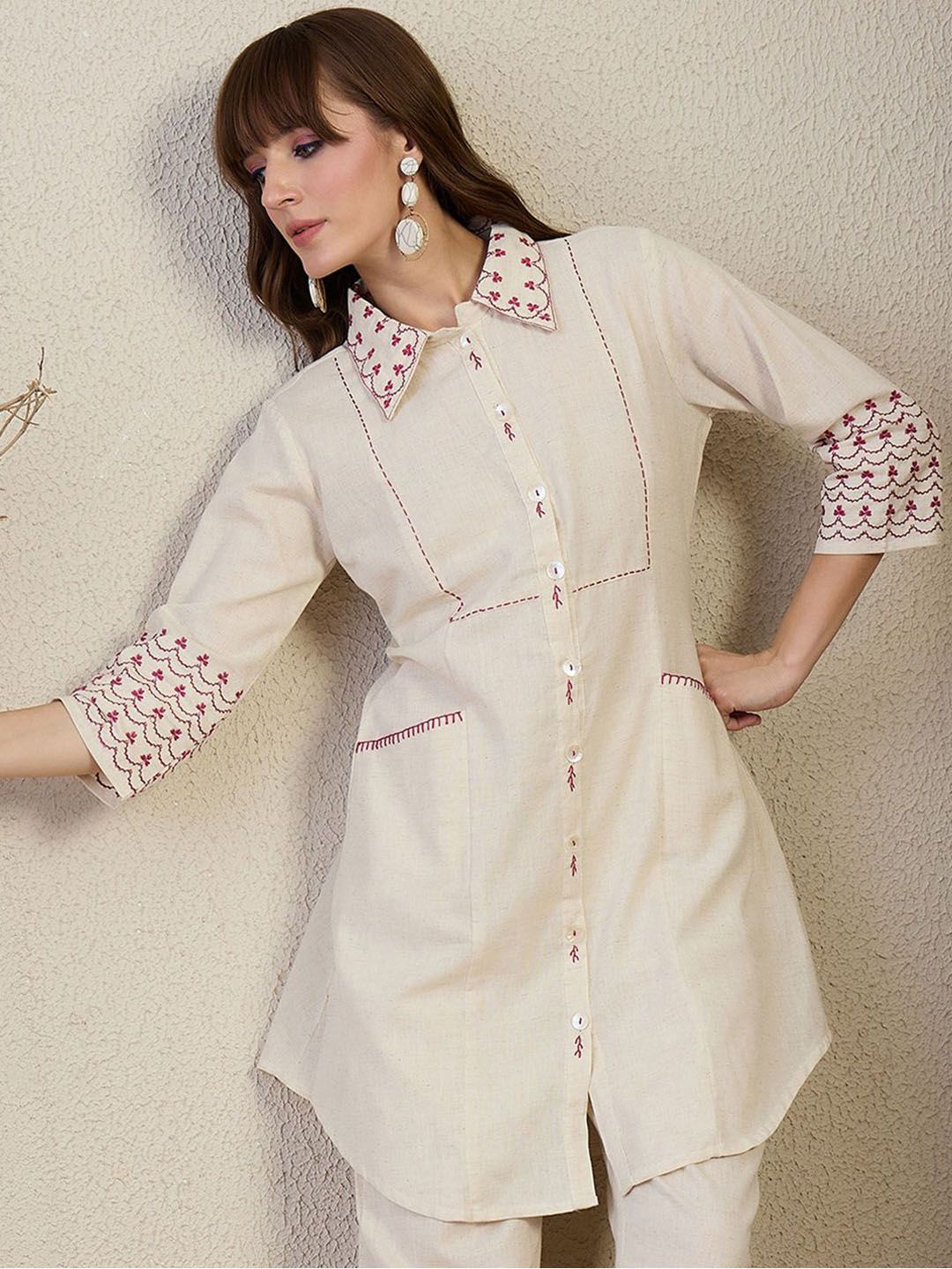 Indyancart IE Embroidered A-Line Shirt Collar Neck Top With Trousers Co-Ords