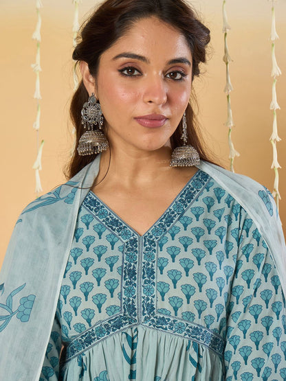 Women Floral Printed Empire Pure Cotton Kurta with Trousers & With Dupatta